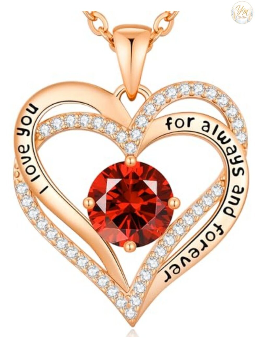 Double Heart Birthstone Necklace Rose Gold Plated Cubic Zirconia Pendant